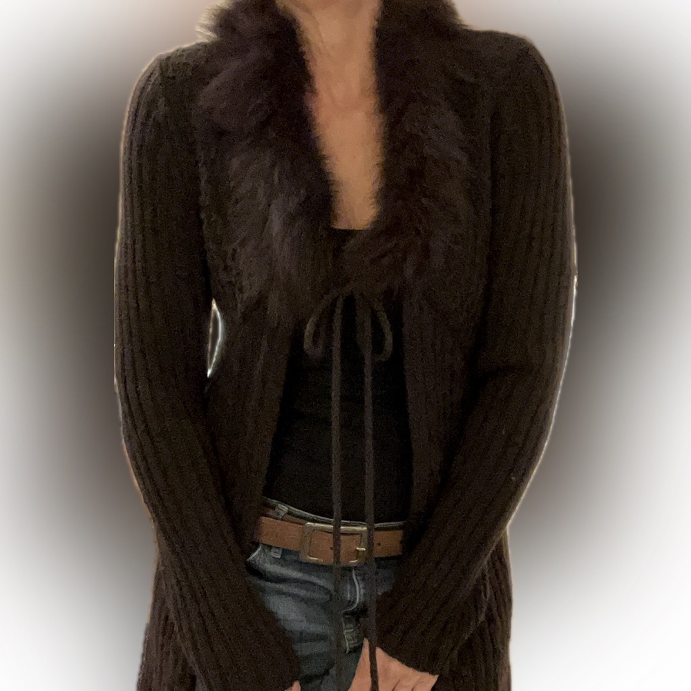 Slonl brown fur collar long sweater with empire waist tie together size M